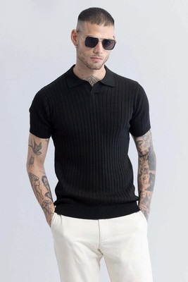 Snitch Self Design Men Polo Neck Black T-Shirt