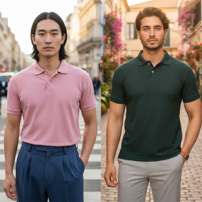 HILFIRE REGION Solid Men Polo Neck Pink, Dark Green T-Shirt