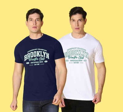 WOOSTRO Printed Men Round Neck Blue, White T-Shirt