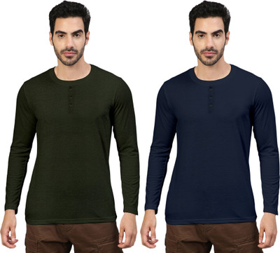 FTX Solid Men Round Neck Green, Navy Blue T-Shirt