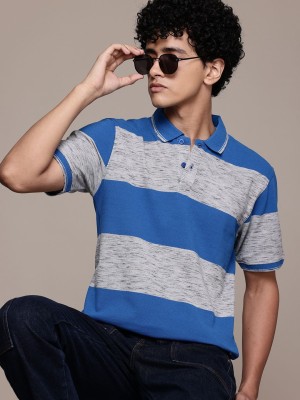 Roadster Striped Men Polo Neck Blue T-Shirt