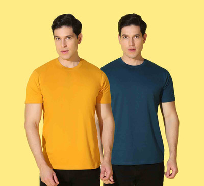WOOSTRO Solid Men Round Neck Yellow, Blue T-Shirt