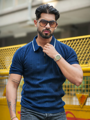 MANIAC Self Design Men Polo Neck Dark Blue T-Shirt