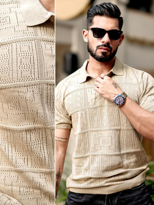 MANIAC Self Design Men Polo Neck Beige T-Shirt