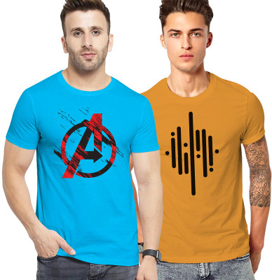 FADMARK Printed Men Round Neck Blue, Yellow T-Shirt