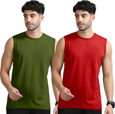 Moordale Solid Men Round Neck Dark Green, Red T-Shirt
