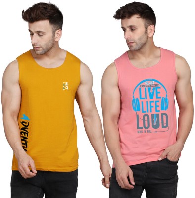 SLOWLORIS Printed Men Scoop Neck Pink, Yellow, White T-Shirt