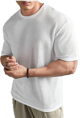 NetClick Self Design Men Round Neck White T-Shirt