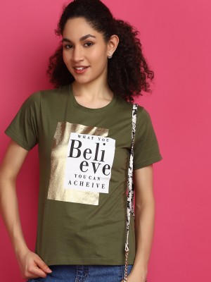V-MART Printed, Typography Women Round Neck Green T-Shirt