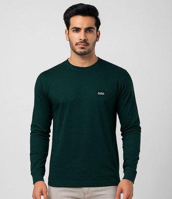 Fabc Solid Men Round Neck Green T-Shirt