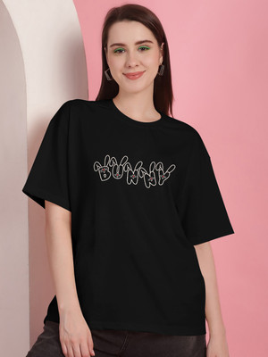 parthcreation Printed Women Round Neck Black T-Shirt