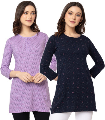 Star Touch Printed Women Round Neck Blue, Purple T-Shirt