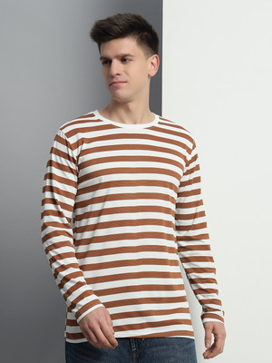 METRONAUT Striped Men Round Neck Brown, White T-Shirt