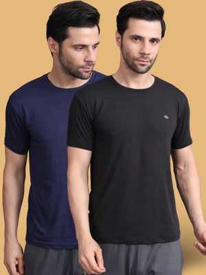 Bamboo Breeze Solid, Striped Men Round Neck Blue, Black T-Shirt