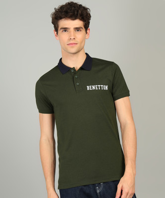 United Colors of Benetton Solid Men Polo Neck Dark Green T-Shirt