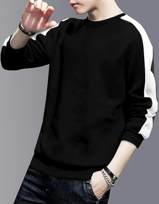 FASHNET FASHION Striped Men Round Neck Black T-Shirt