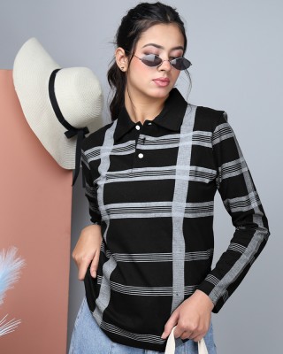 EyeBogler Checkered Women Mandarin Collar Black T-Shirt