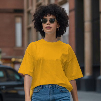 LcyFlame Solid Women Round Neck Yellow T-Shirt