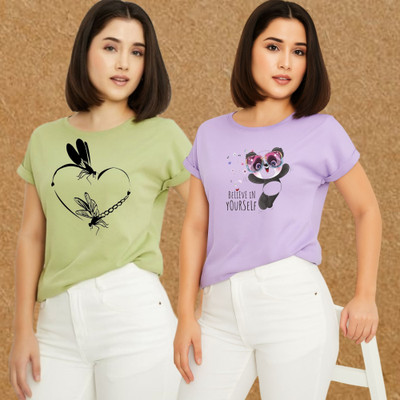 Kasendra Printed Women Round Neck Green, Purple T-Shirt