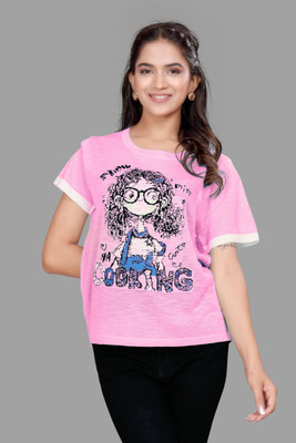 MADBORN CREATION Graphic Print Women Round Neck Pink T-Shirt