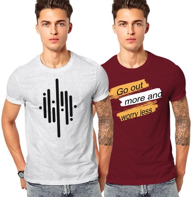 FADMARK Printed Men Round Neck Grey, Maroon T-Shirt