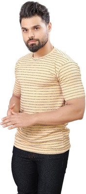 METRONAUT Striped Men Round Neck Yellow T-Shirt