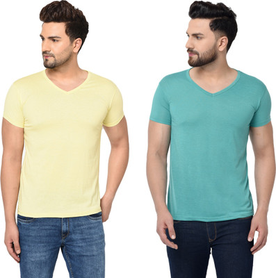 Tresna Trendy Solid Men V Neck Yellow, Green T-Shirt