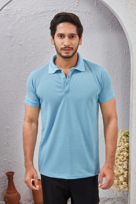 KRYVONN Solid Men Polo Neck Light Blue T-Shirt