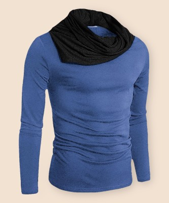 EyeBogler Self Design Men Cowl Neck Blue T-Shirt