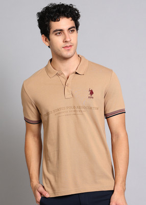 U.S. POLO ASSN. Printed Men Polo Neck Beige T-Shirt