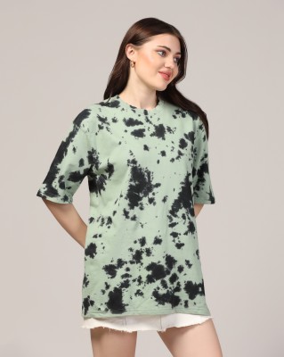 Dei Lusso Tie & Dye Women Round Neck Green, Black, Multicolor T-Shirt