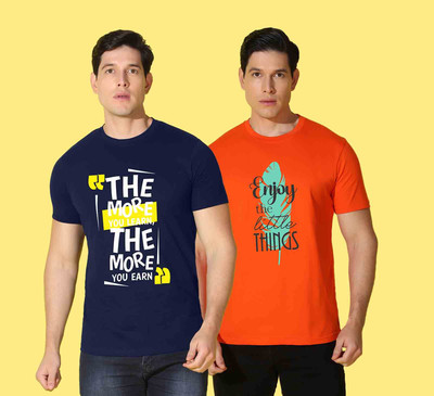 WOOSTRO Printed Men Round Neck Blue, Orange T-Shirt