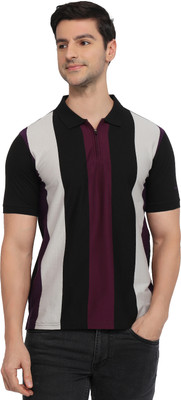 PARK AVENUE Striped Men Polo Neck Maroon T-Shirt