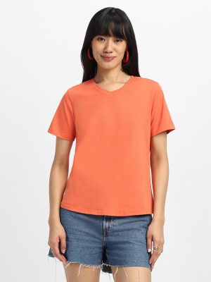 JUNEBERRY Solid Women V Neck Orange T-Shirt