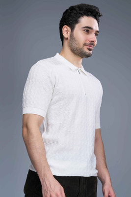 Maxzone Self Design, Solid, Sporty, Embroidered Men Zip Neck White T-Shirt