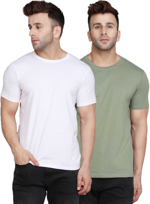 SLOWLORIS Solid Men Round Neck White, Green T-Shirt