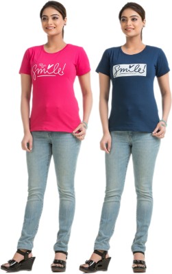 STYLE AK Solid Women Round Neck Pink, Dark Blue T-Shirt