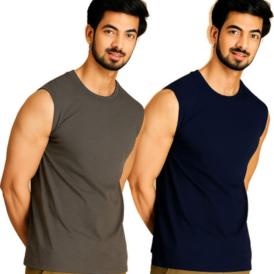 Jangoboy Solid Men Round Neck Grey, Dark Blue T-Shirt