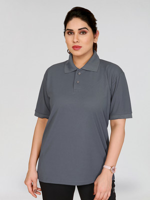 Moda Rapido Solid Women Polo Neck Grey T-Shirt