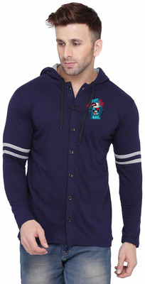 GEUM Solid, Printed Men Hooded Neck Dark Blue T-Shirt
