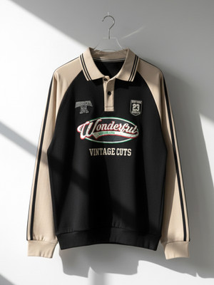 Jump Cuts Printed Men Polo Neck Black, Beige T-Shirt