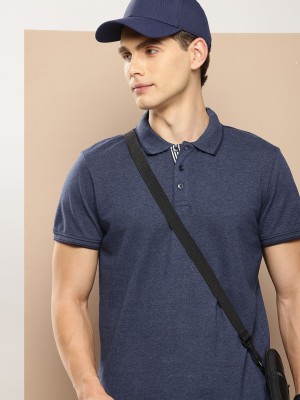 encore by INVICTUS Solid Men Polo Neck Blue T-Shirt