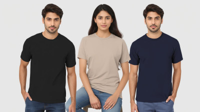 Born Basic Solid Couple Round Neck Multicolor T-Shirt