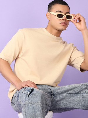 V-MART Solid Men Round Neck Beige T-Shirt