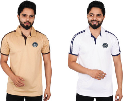 La Milano Printed Men Polo Neck White, Brown T-Shirt