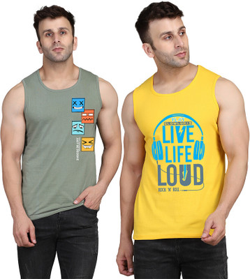 SLOWLORIS Printed Men Scoop Neck Yellow, Light Green T-Shirt