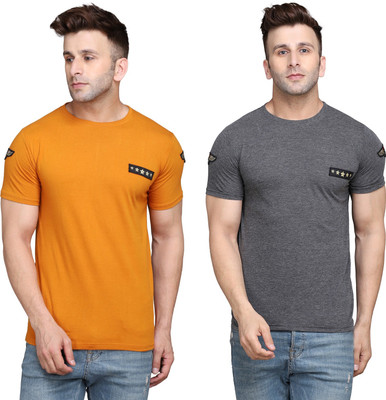 tfurnish Printed Men Round Neck Gold, Grey T-Shirt