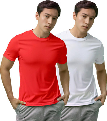 Fighterhero Solid, Sporty Men Round Neck Red, White T-Shirt