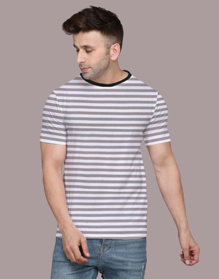 GEUM Striped Men Round Neck Grey T-Shirt