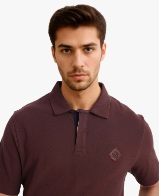 RARE RABBIT Solid Men Polo Neck Brown T-Shirt